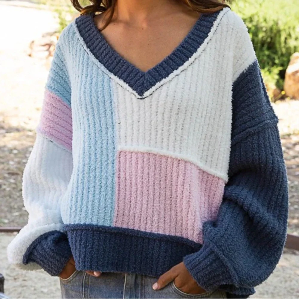 POL Blue/White/Pink Oversized Chenille Sweater, Size Medium - Picture 1 of 8